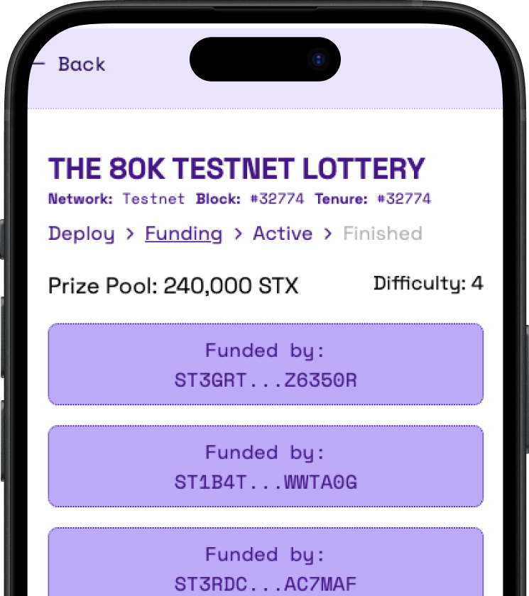 Screenshot of the lottery funding screen in the app